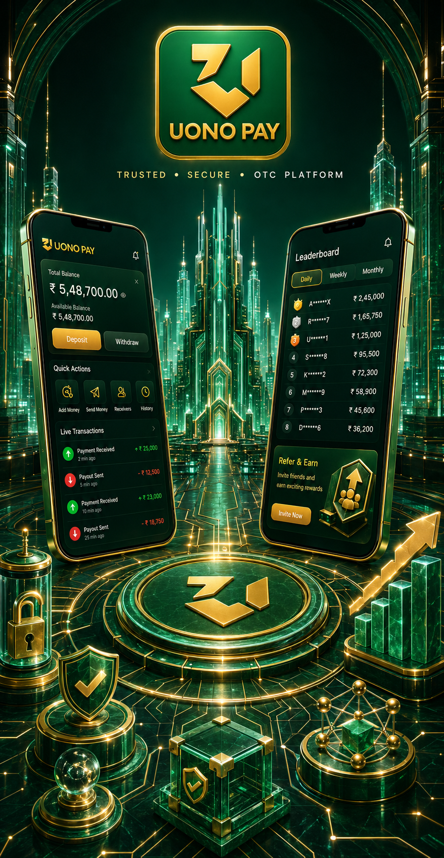 UonoPay promotional artwork featuring two phones in a green and gold city